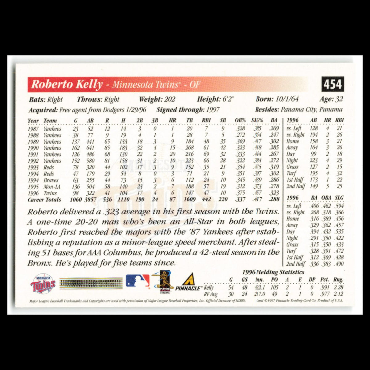 Roberto Kelly #454 1997 Score Minnesota Twins Baseball Card MLB NM