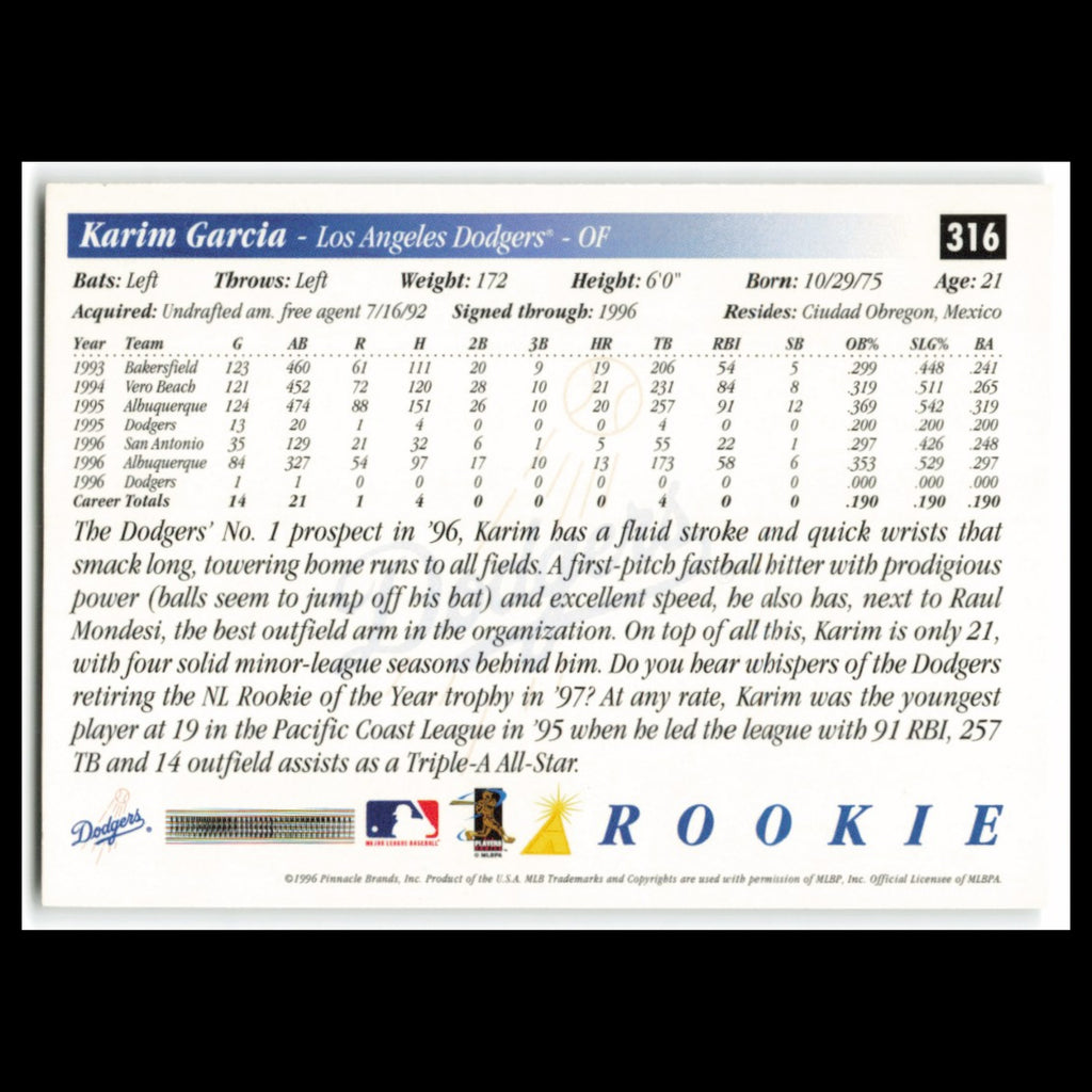 Karim Garcia Rookie #316 1997 Score Los Angeles Dodgers Baseball Card MLB NM