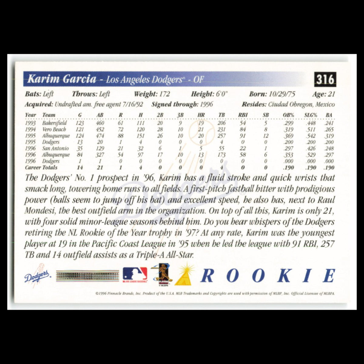 Karim Garcia Rookie #316 1997 Score Los Angeles Dodgers Baseball Card MLB NM