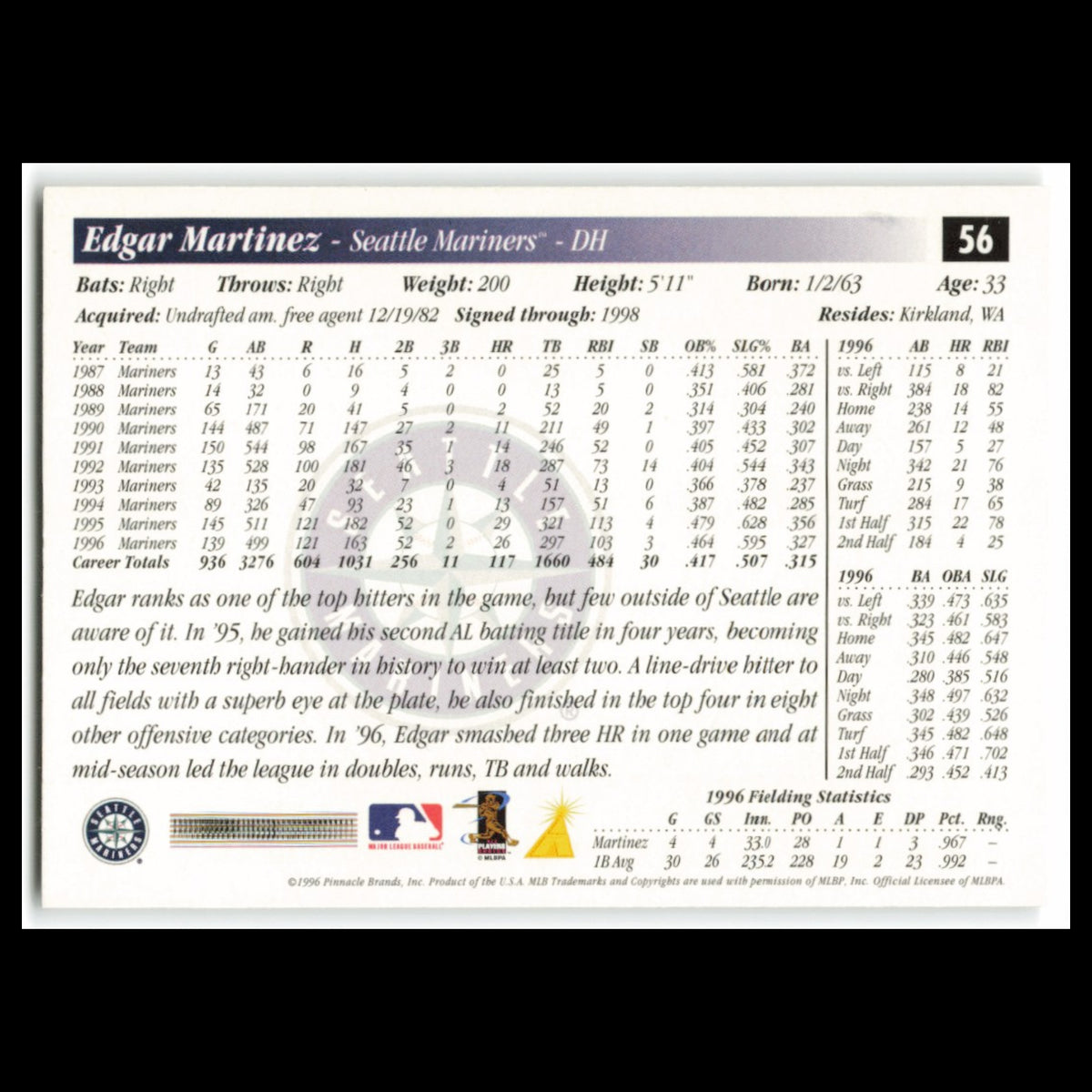 Edgar Martinez #56 1997 Score Seattle Mariners Baseball Card MLB NM