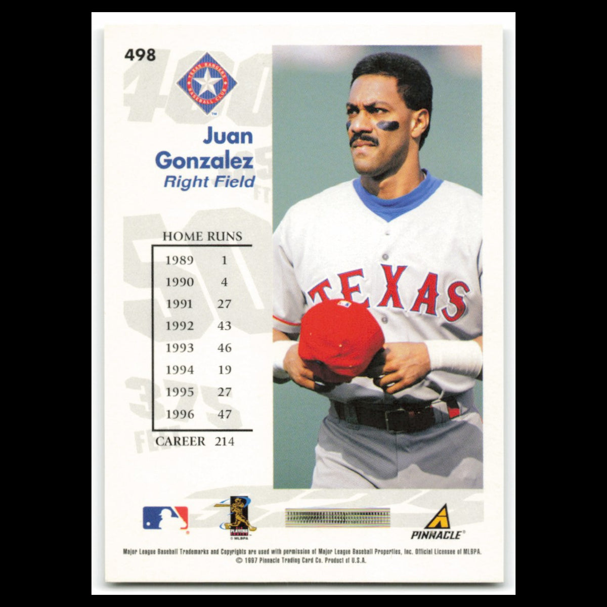Juan Gonzalez #498 1997 Score Texas Rangers Baseball Card MLB NM