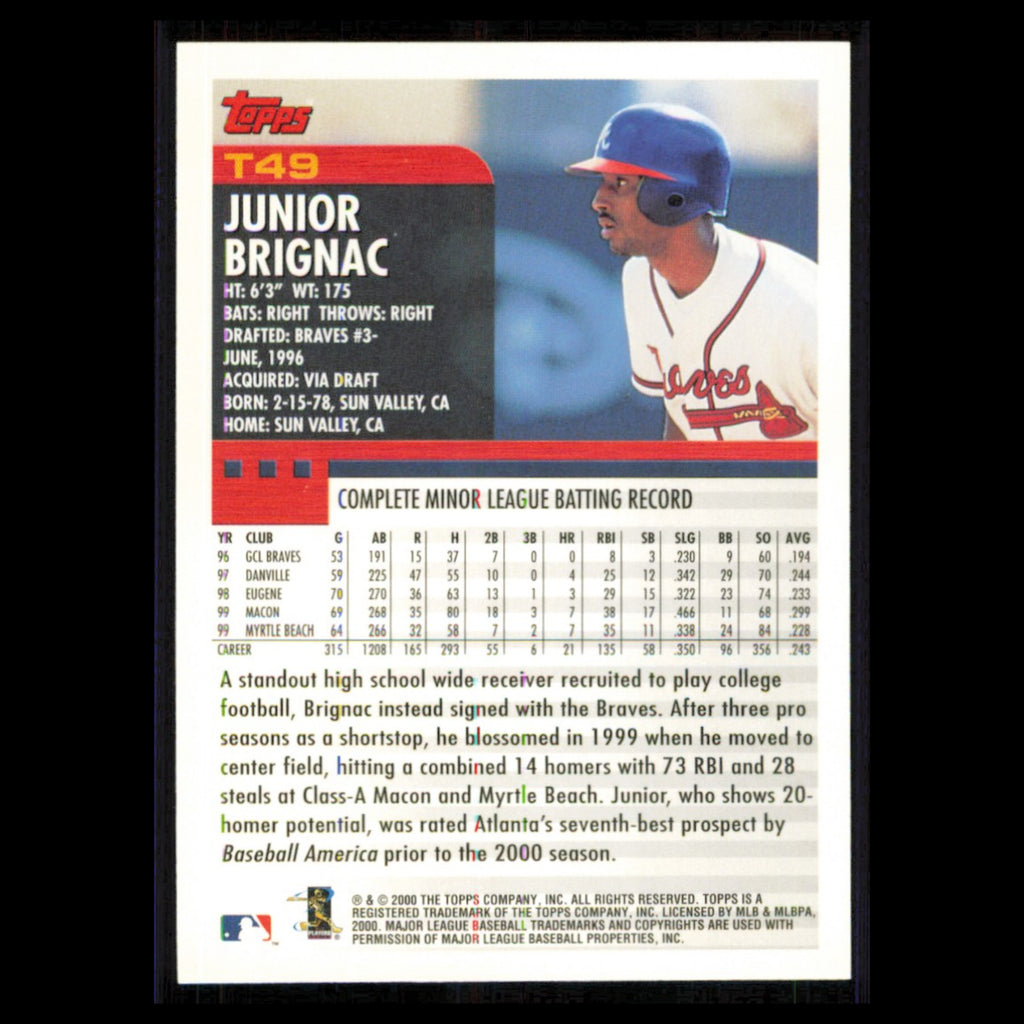 Junior Brignac Rookie #T49 2000 Topps Traded - Rookies Atlanta Braves Baseball