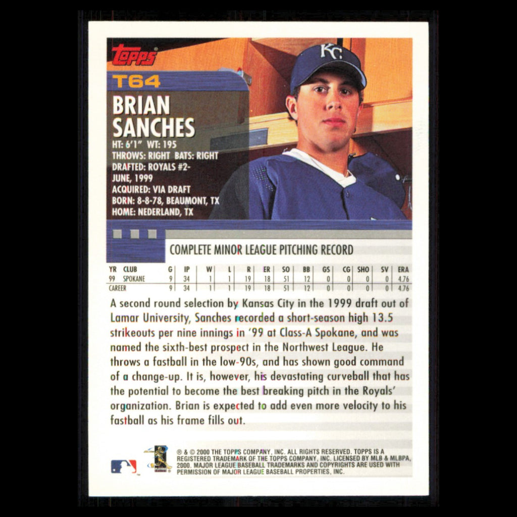 Brian Sanches Rookie #T64 2000 Topps Traded - Rookies Kansas City Royals Card NM