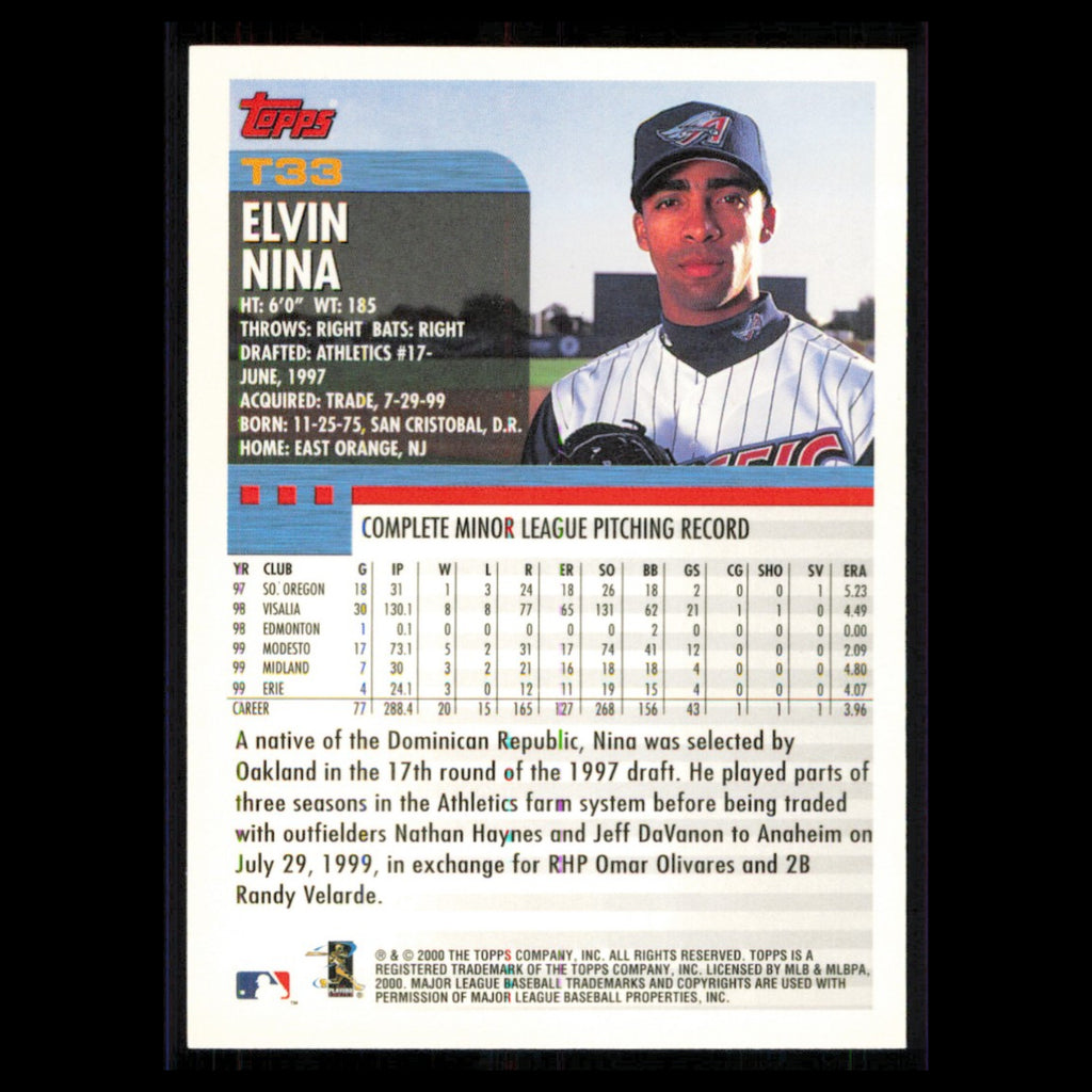 Elvin Nina Rookie #T33 2000 Topps Traded - Rookies Anaheim Angels Baseball Card