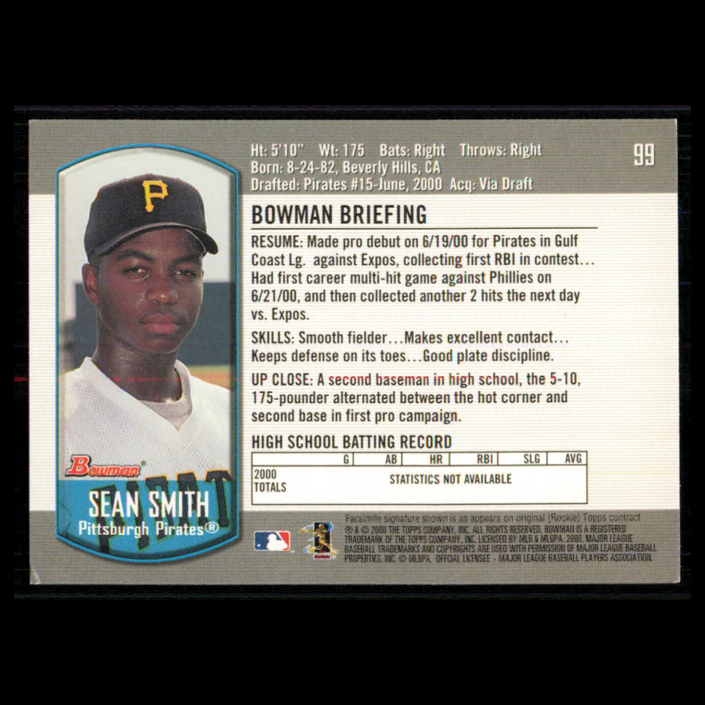 Sean Smith Rookie #99 2000 Bowman Draft Picks - Prospects Pittsburgh Pirates MLB