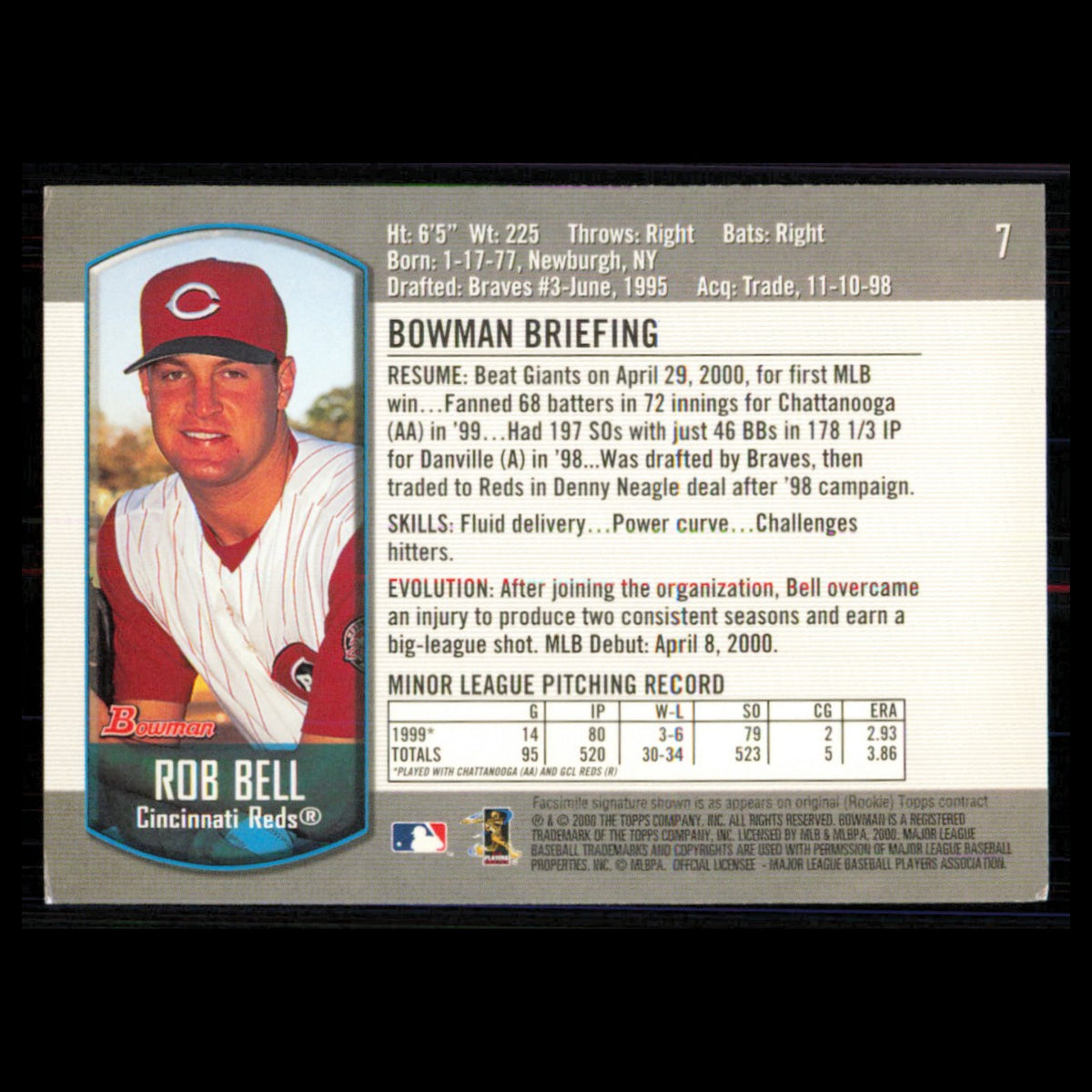 Rob Bell #7 2000 Bowman Draft Picks - Prospects Cincinnati Reds Baseball Card NM