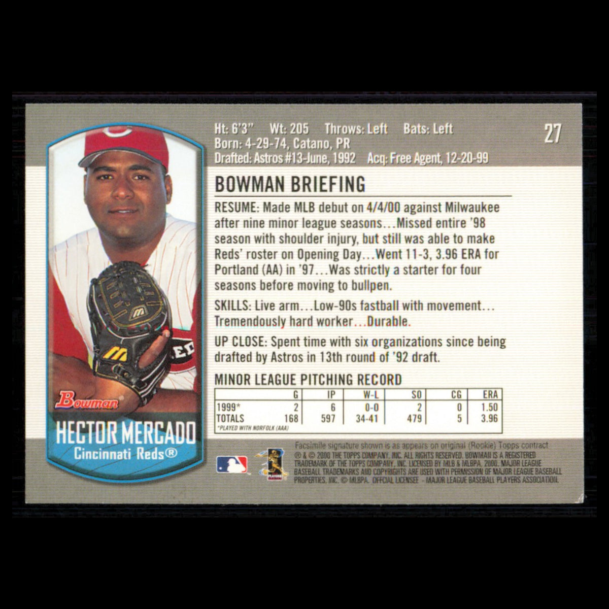 Hector Mercado Rookie #27 2000 Bowman Draft Picks - Prospects Cincinnati Reds NM