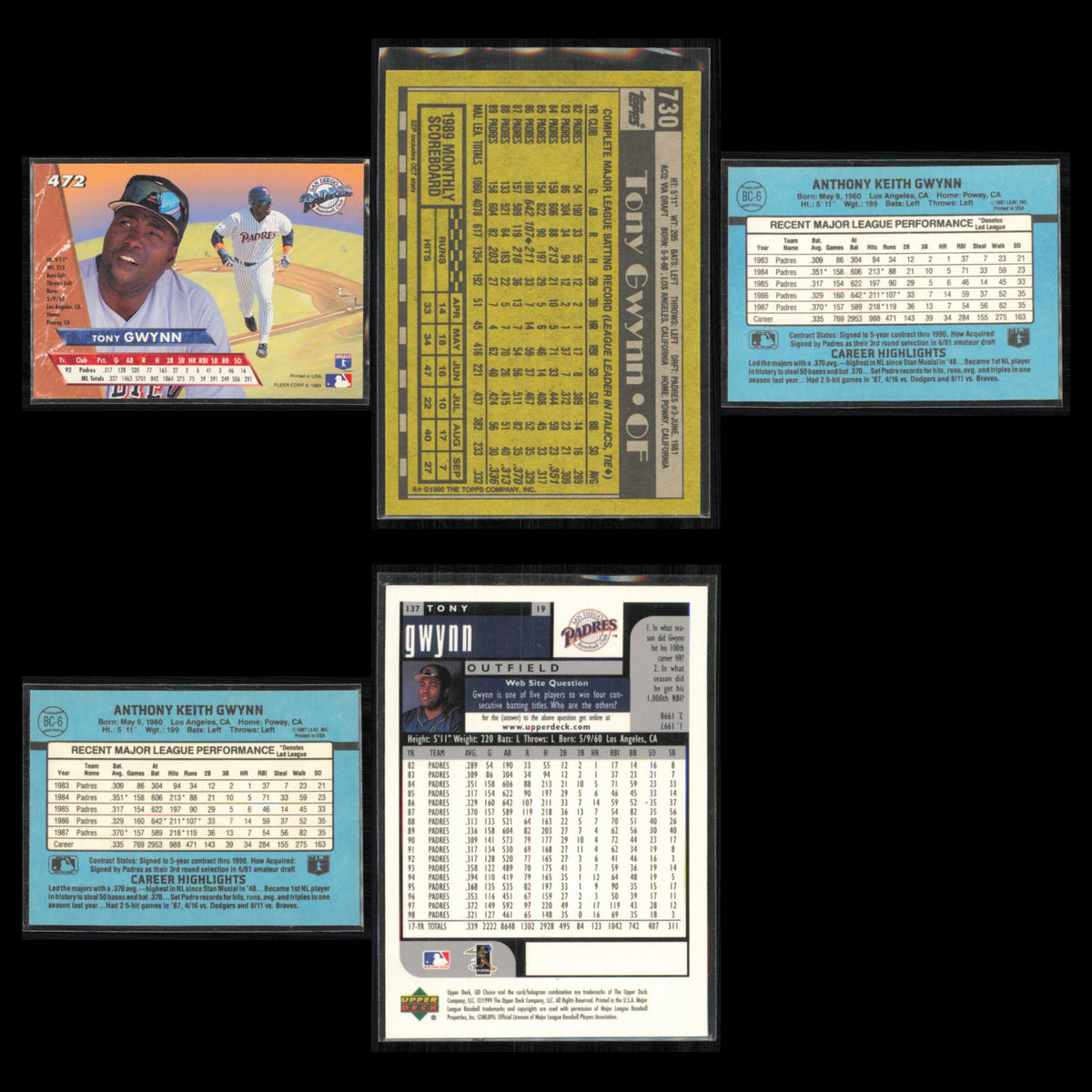 Tony Gwynn Lot 5 Baseball Cards 1993 Ultra San Diego Padres Set Collection MLB