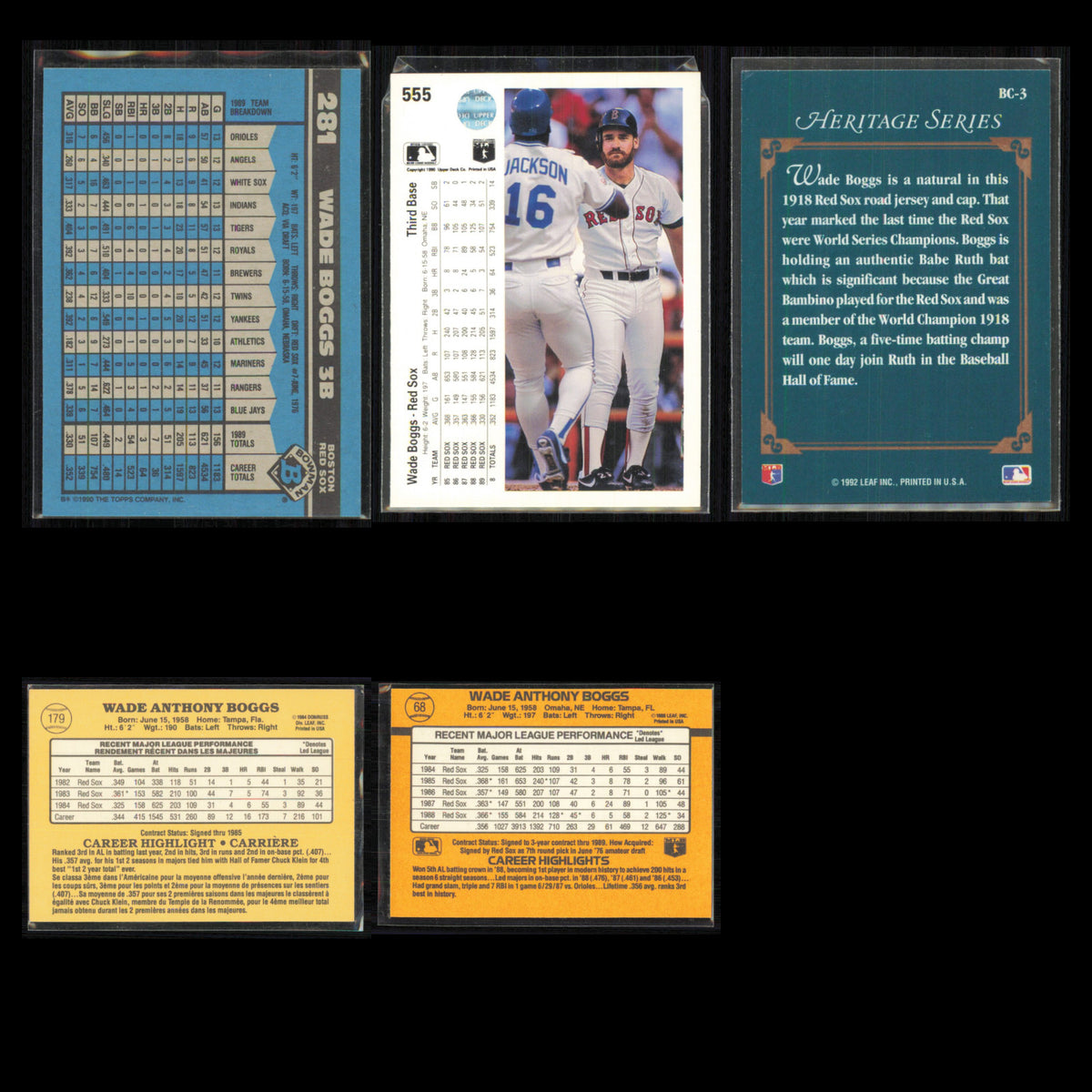Wade Boggs Lot 5 Baseball Cards 1990 Bowman Boston Red Sox Set Collection MLB NM