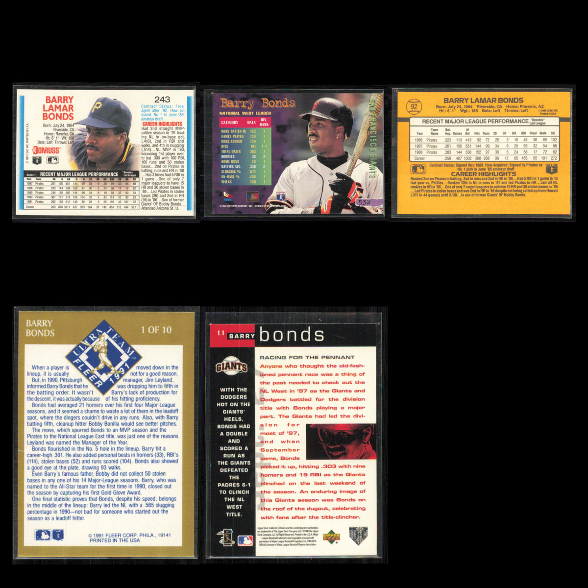 Barry Bonds Lot 5 Baseball Cards 1992 Donruss Pittsburgh Pirates Set Collection