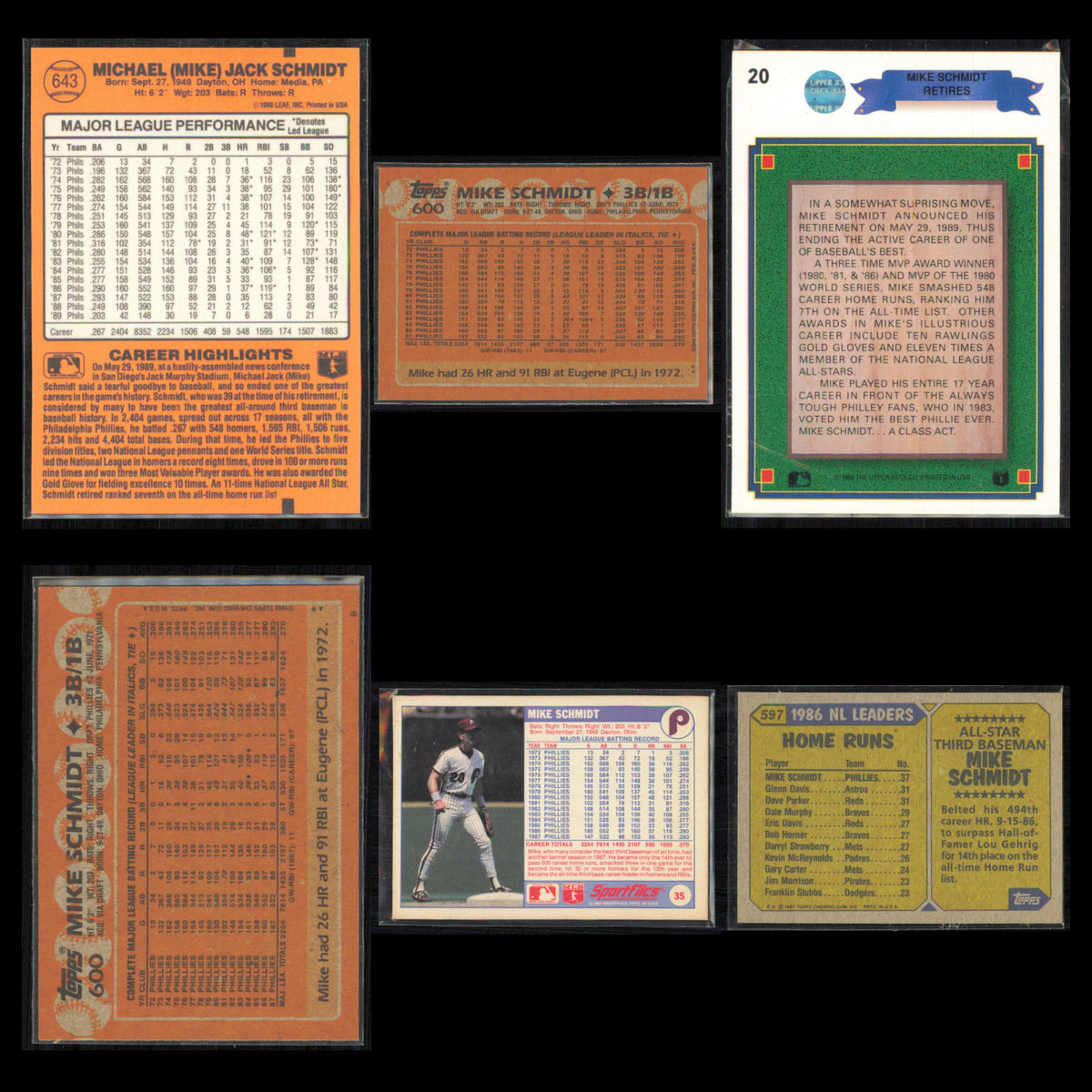 Mike Schmidt Lot 6 Baseball Cards 1990 Donruss Philadelphia Phillies Set MLB NM