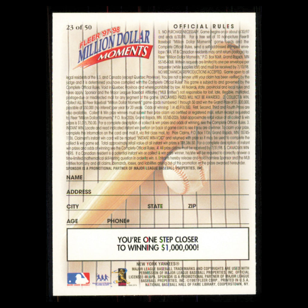 Don Larsen #23 1997 Fleer Million Dollar Moments New York Yankees Baseball Card