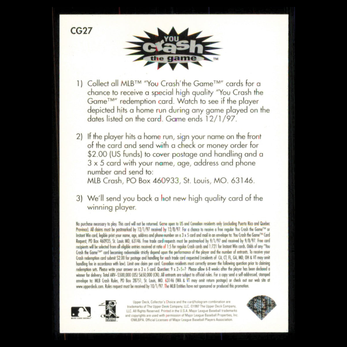 Jay Buhner #CG27 1997 Collectors Choice You Crash the Game Seattle Mariners Card
