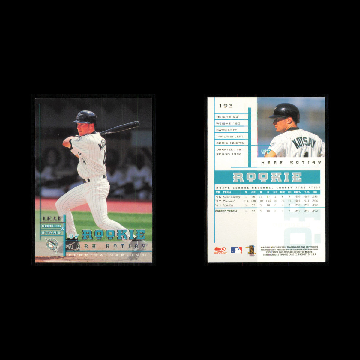 Mark Kotsay Rookie #193 1998 Leaf Rookies - Stars Florida Marlins Baseball Card