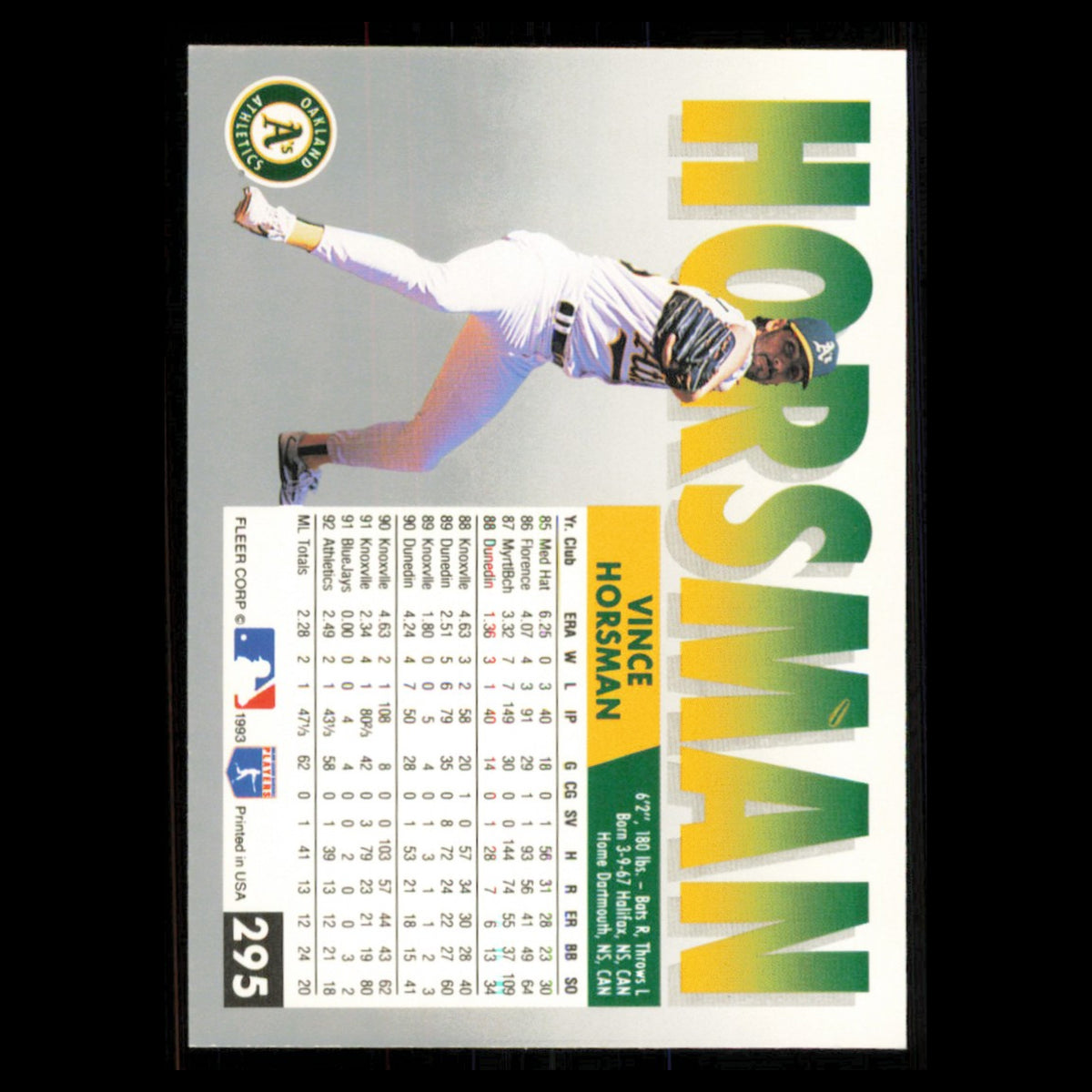 Vince Horsman #295 1993 Fleer Oakland Athletics Baseball Card MLB NM