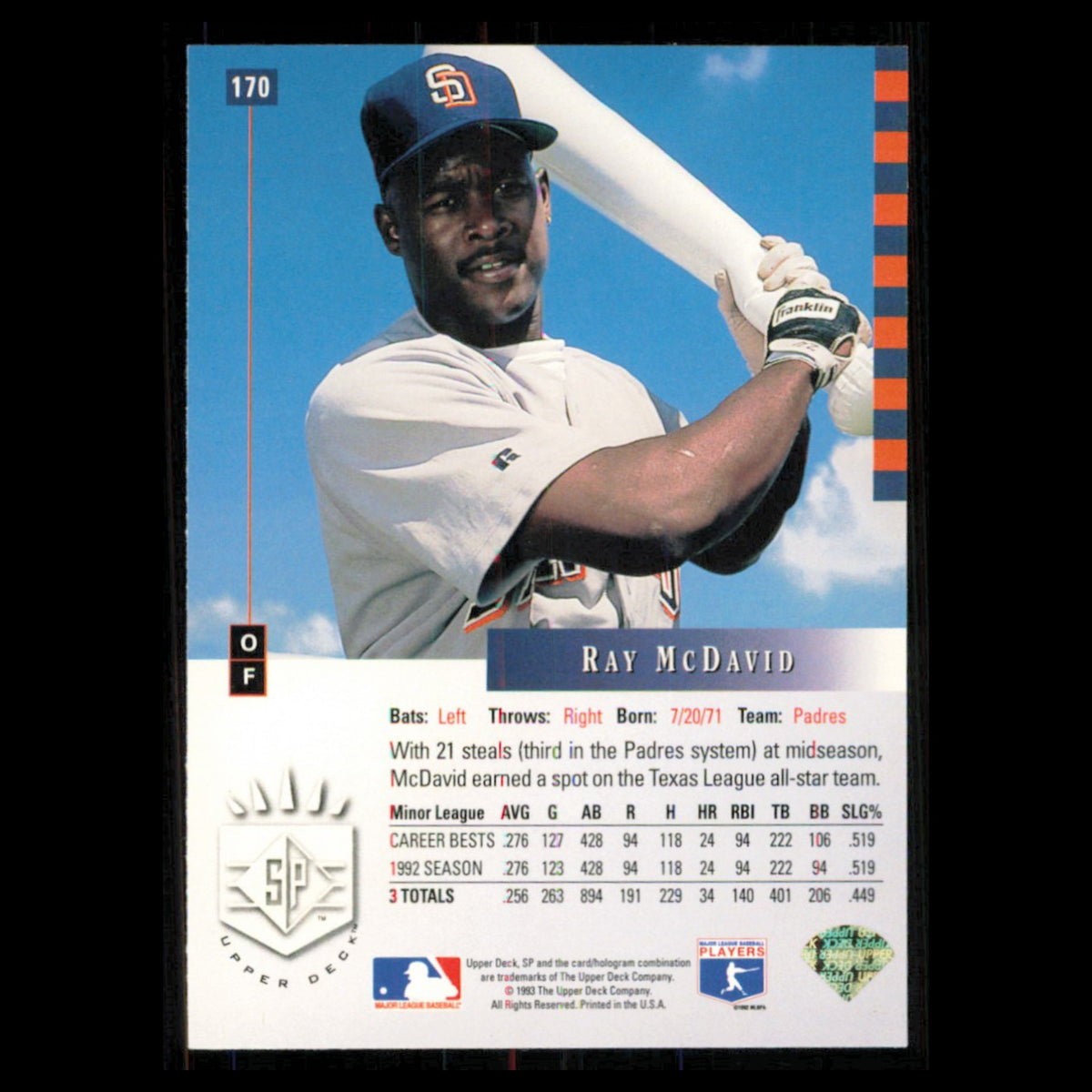 Ray McDavid Rookie #170 1993 SP San Diego Padres Baseball Card MLB NM