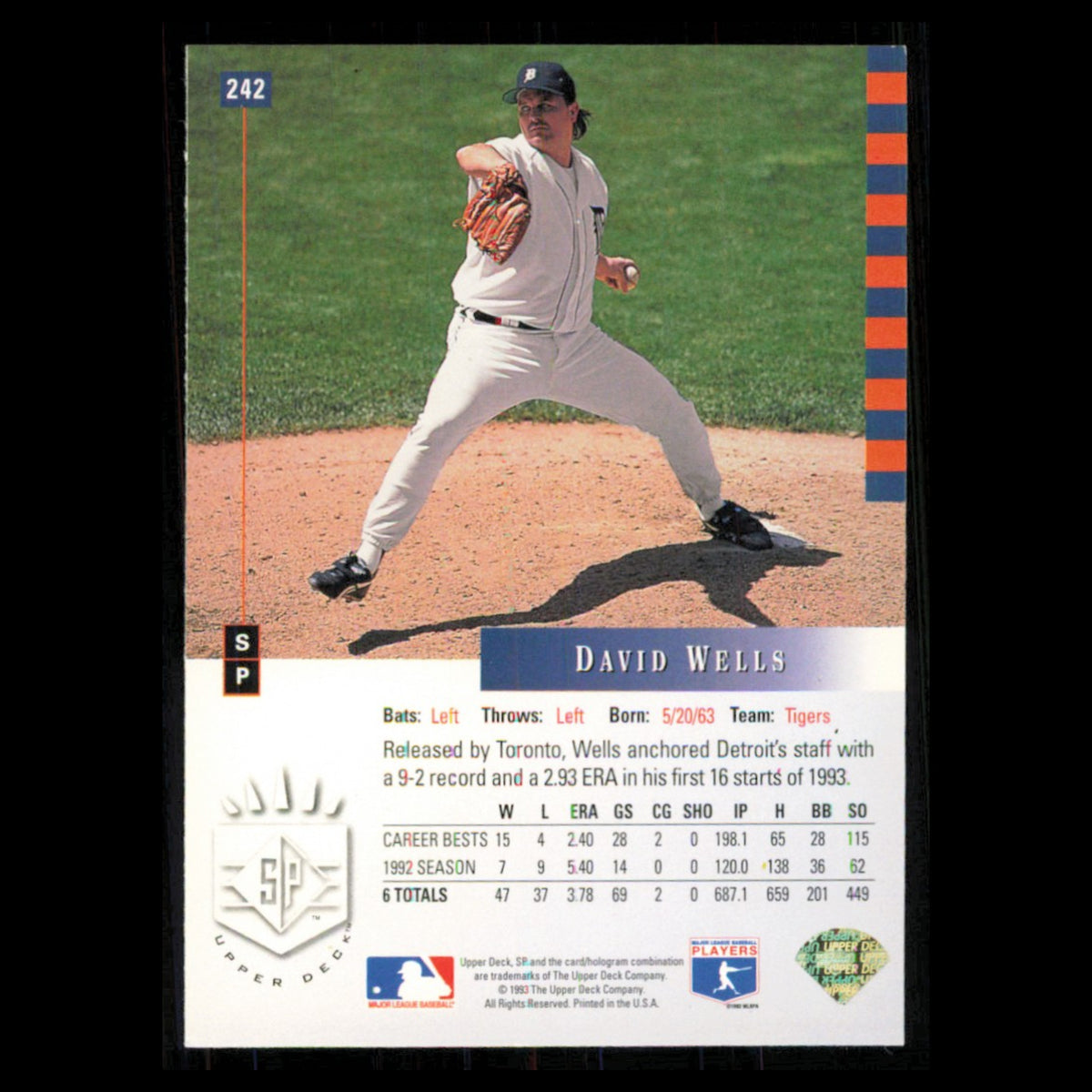 David Wells #242 1993 SP Detroit Tigers Baseball Card MLB NM