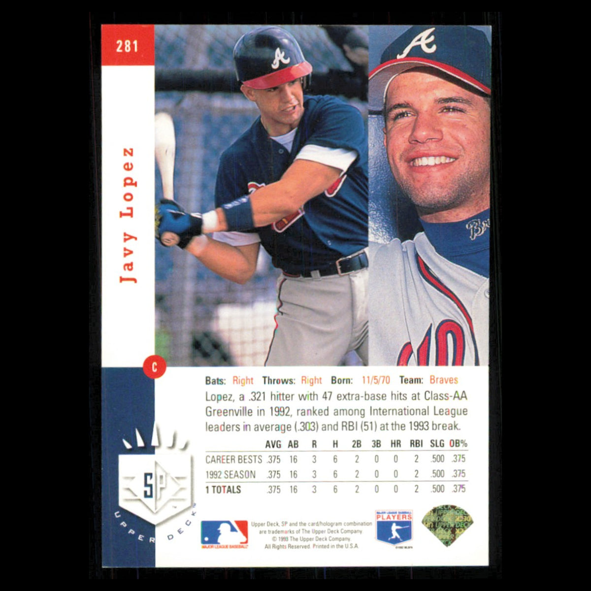 Javy Lopez #281 1993 SP Atlanta Braves Baseball Card MLB NM