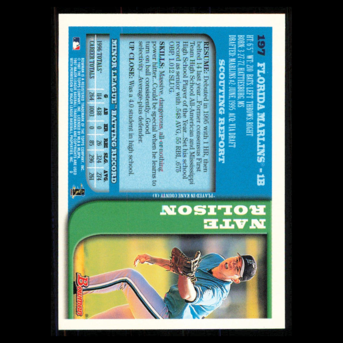 Nate Rolison Rookie #197 1997 Bowman Florida Marlins Baseball Card MLB NM