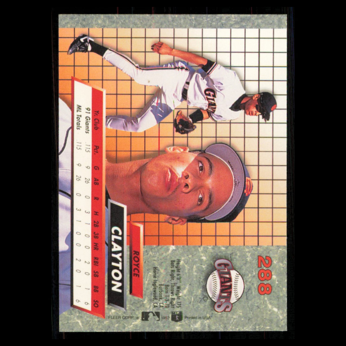 Royce Clayton Rookie #288 1992 Ultra San Francisco Giants Baseball Card MLB NM