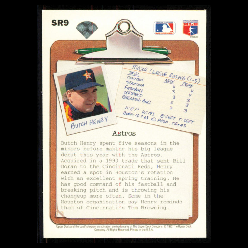 Butch Henry #SR9 1992 Upper Deck Scouting Report Houston Astros Baseball Card NM