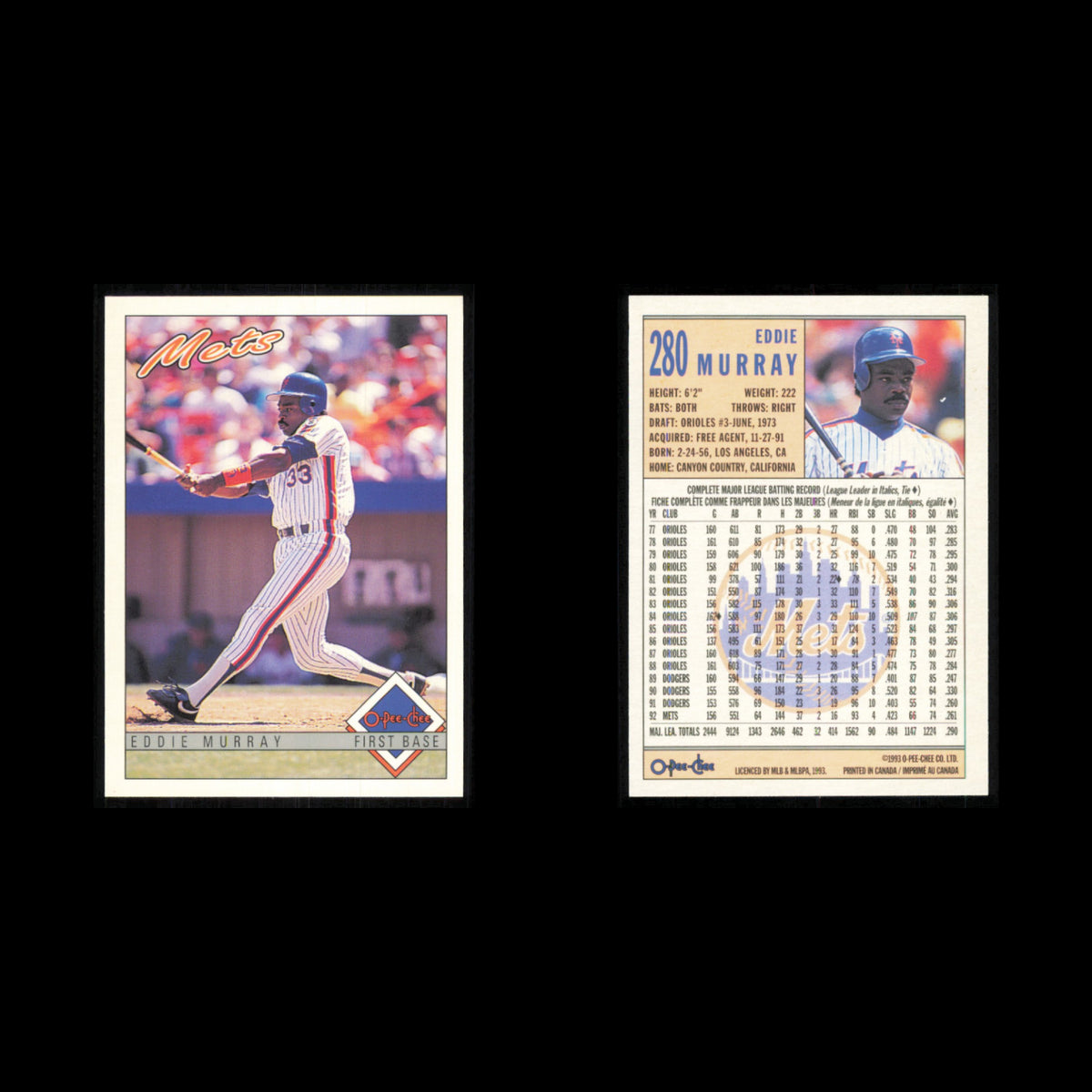 Eddie Murray Lot 7 Baseball Cards 1993 O-Pee-Chee New York Mets Set Collection