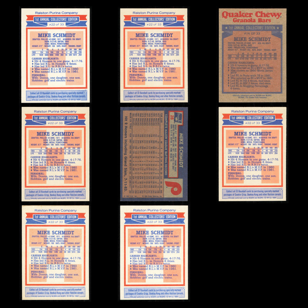 Mike Schmidt Lot 8 Baseball Cards 1984 Topps Ralston Purina Phillies Set MLB NM