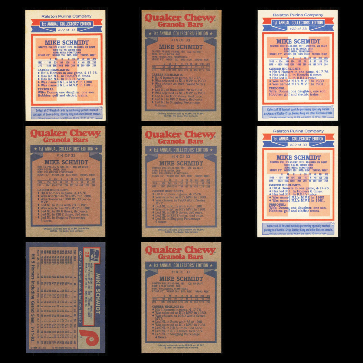 Mike Schmidt Lot 8 Baseball Cards 1984 Topps Ralston Purina Phillies Set MLB NM