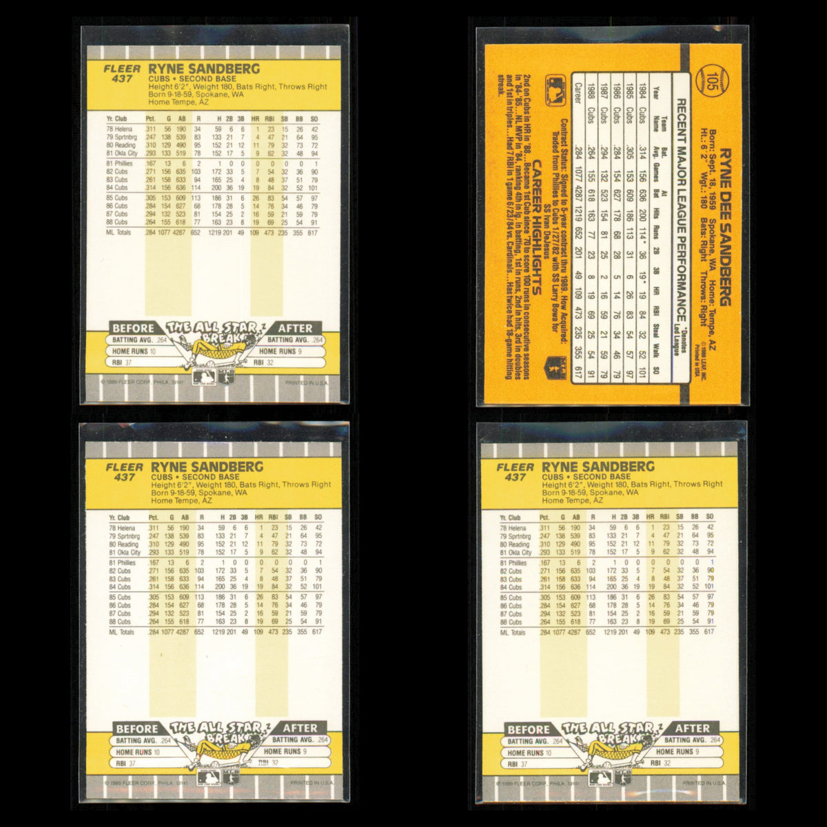 Ryne Sandberg Lot 4 Baseball Cards 1989 Fleer Chicago Cubs Set Collection MLB NM