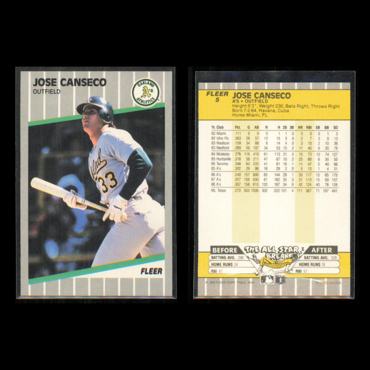 Jose Canseco/Terry Steinbach/Mark McGwire Lot 11 Baseball Cards 1989 Fleer Set