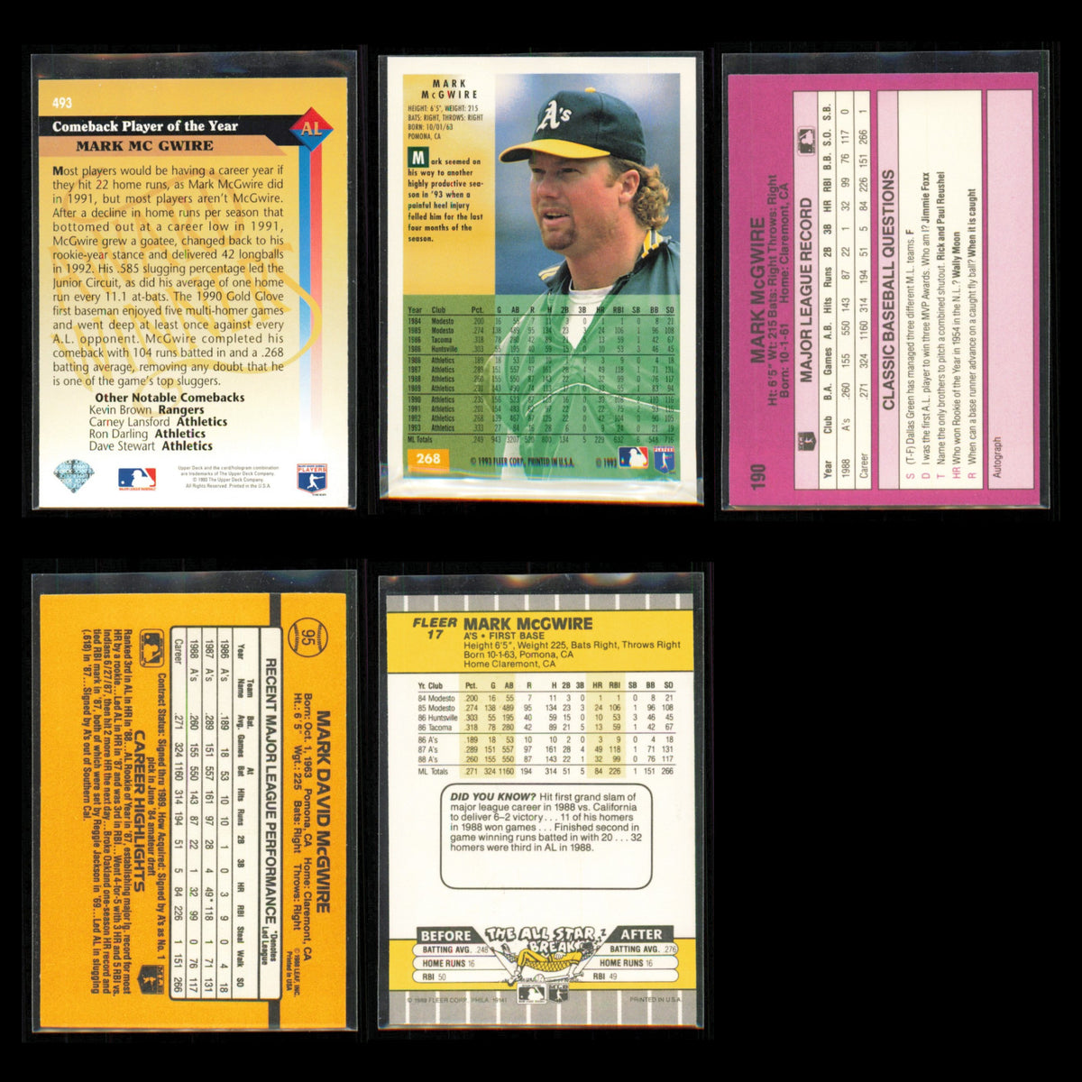 Mark McGwire Lot 5 Baseball Cards 1993 Upper Deck Oakland Athletics Set MLB NM