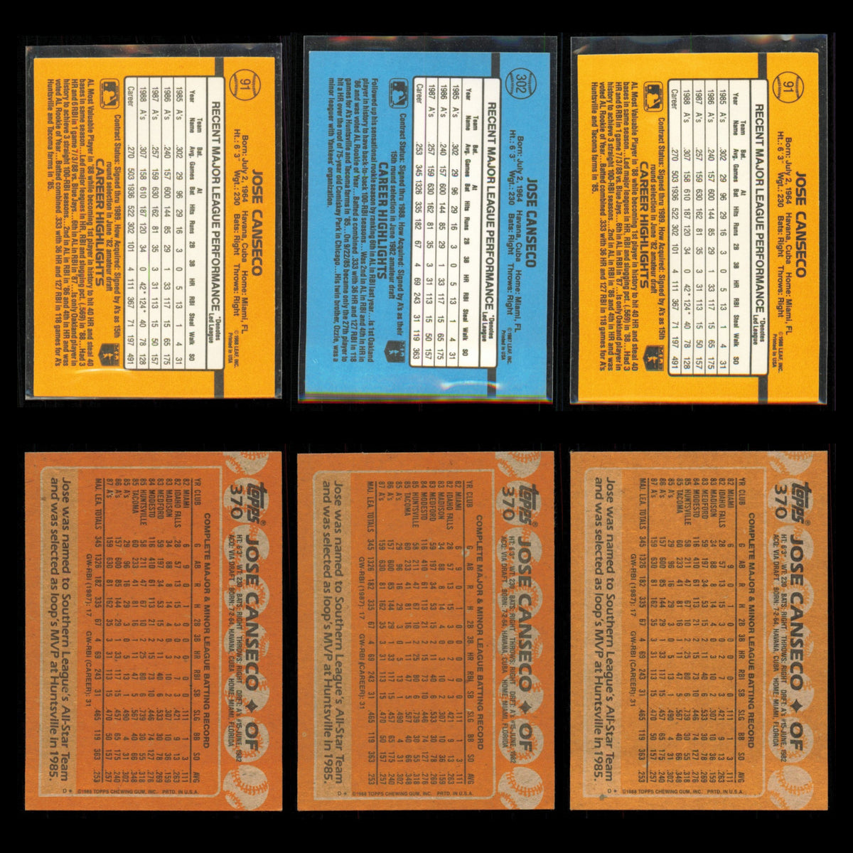 Jose Canseco Lot 6 Baseball Cards 1989 Donruss Oakland Athletics Set Collection