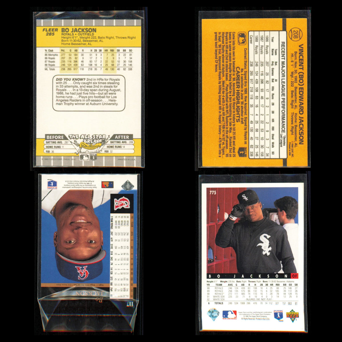 Bo Jackson Lot 4 Baseball Cards 1989 Fleer Kansas City Royals Set Collection MLB