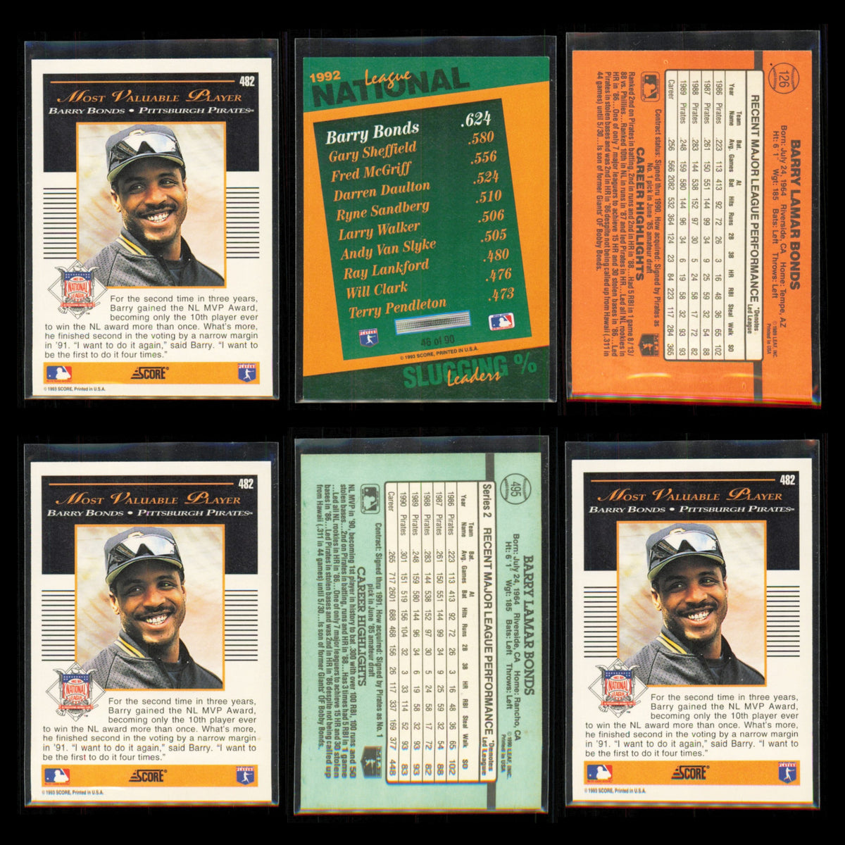 Barry Bonds Lot 6 Baseball Cards 1993 Score Pittsburgh Pirates Set Collection NM