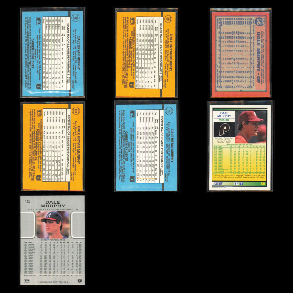 Dale Murphy Lot 7 Baseball Cards 1988 Donruss Atlanta Braves Set Collection MLB