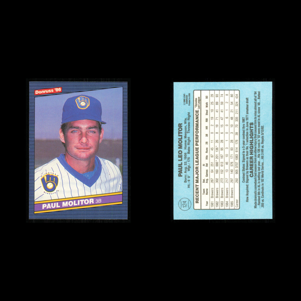 Paul Molitor Lot 4 Baseball Cards 1986 Donruss Milwaukee Brewers Set Collection
