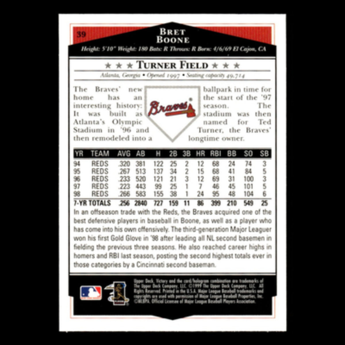 Bret Boone #39 1999 Upper Deck Victory Atlanta Braves Baseball Card MLB NM