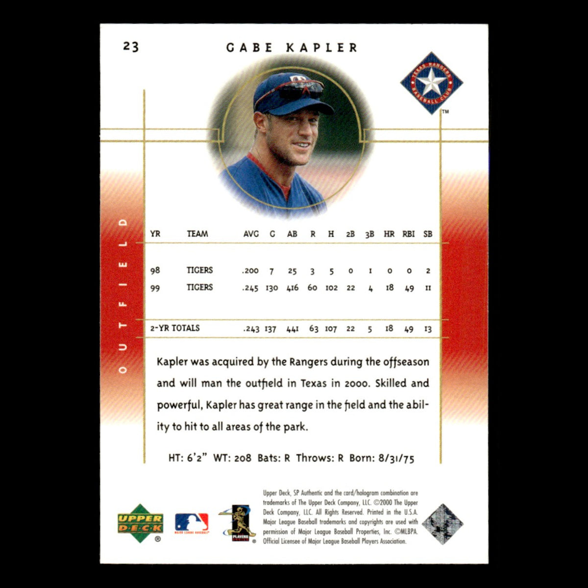 Gabe Kapler #23 2000 SP Authentic Texas Rangers Baseball Card MLB NM