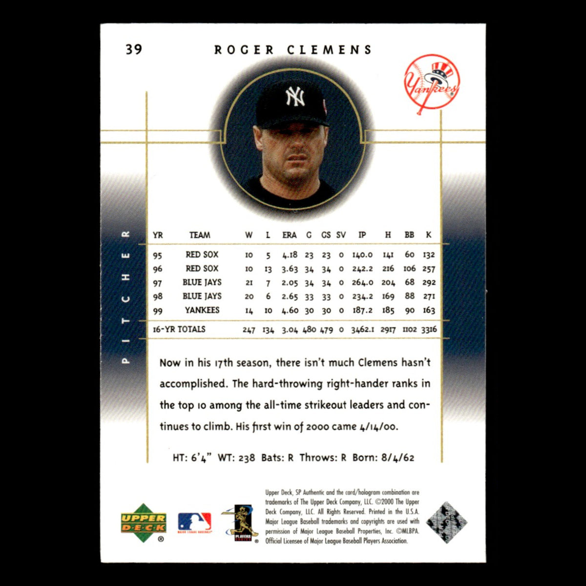 Roger Clemens #39 2000 SP Authentic New York Yankees Baseball Card MLB NM