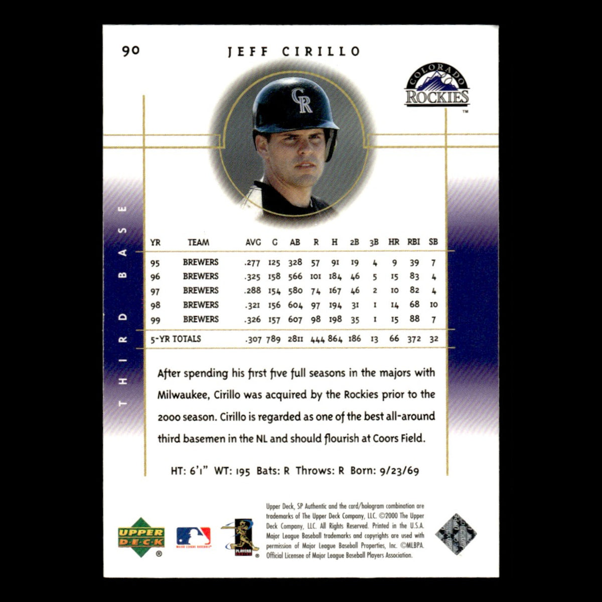 Jeff Cirillo #90 2000 SP Authentic Colorado Rockies Baseball Card MLB NM