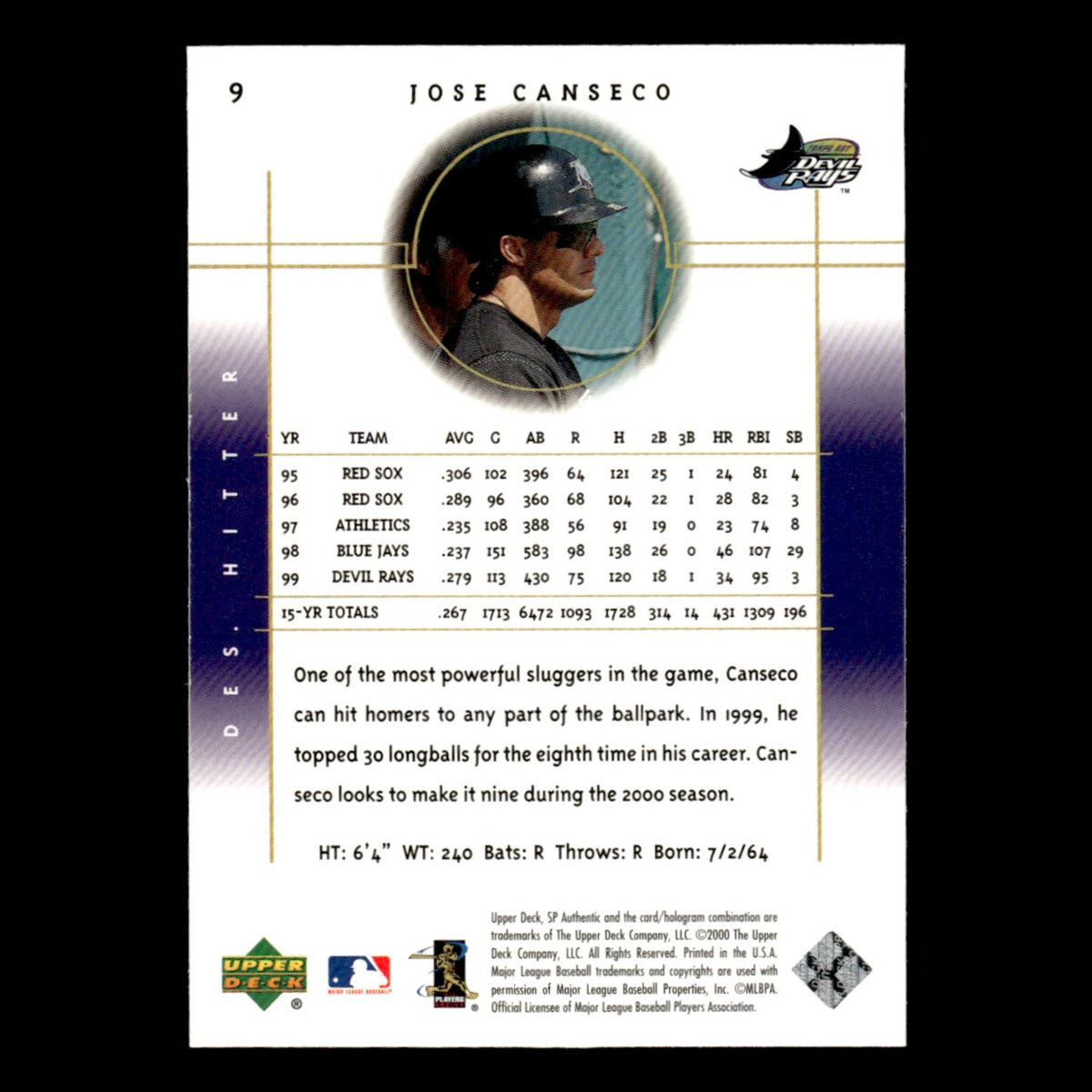 Jose Canseco #9 2000 SP Authentic Tampa Bay Devil Rays Baseball Card MLB NM