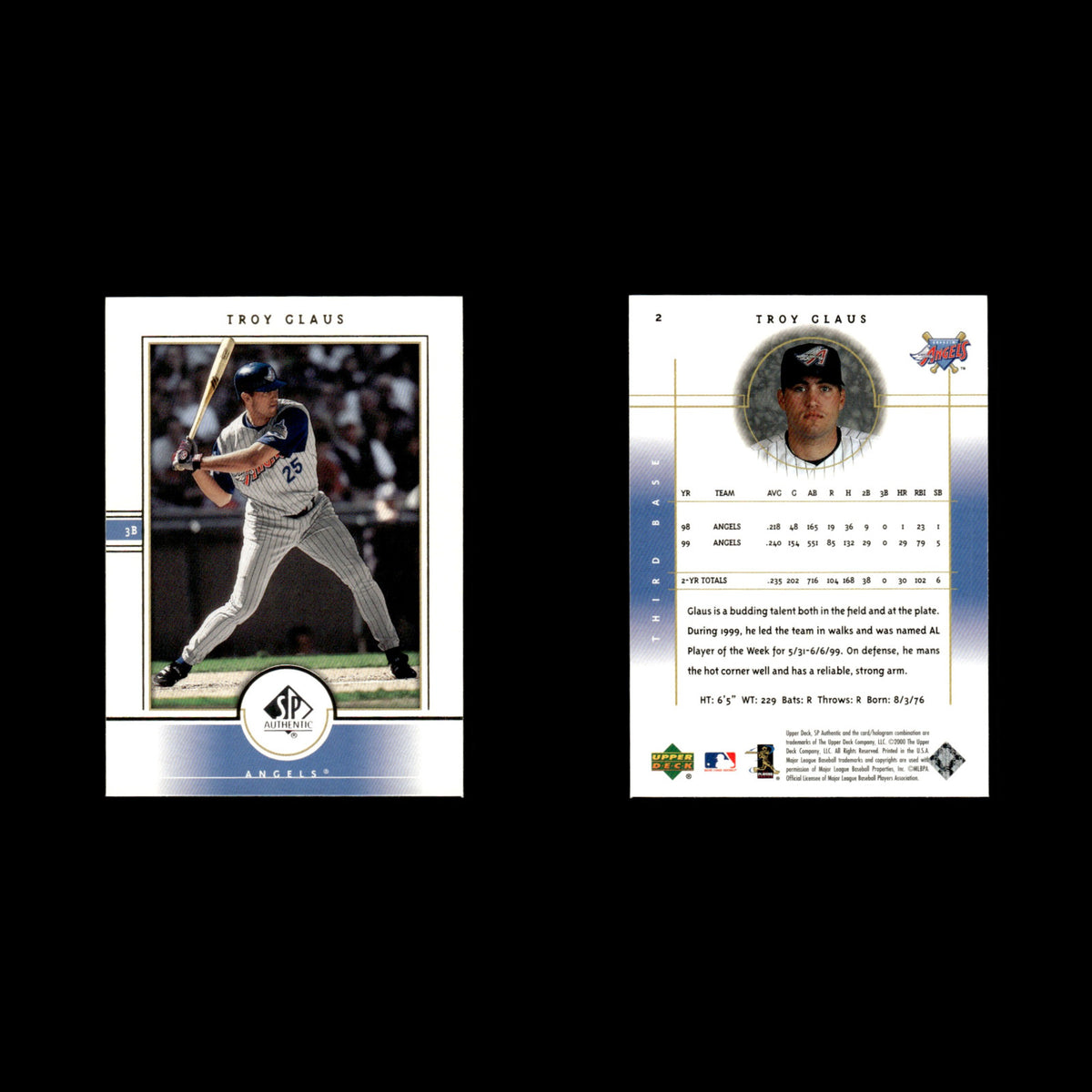 Troy Glaus #2 2000 SP Authentic Anaheim Angels Baseball Card MLB NM