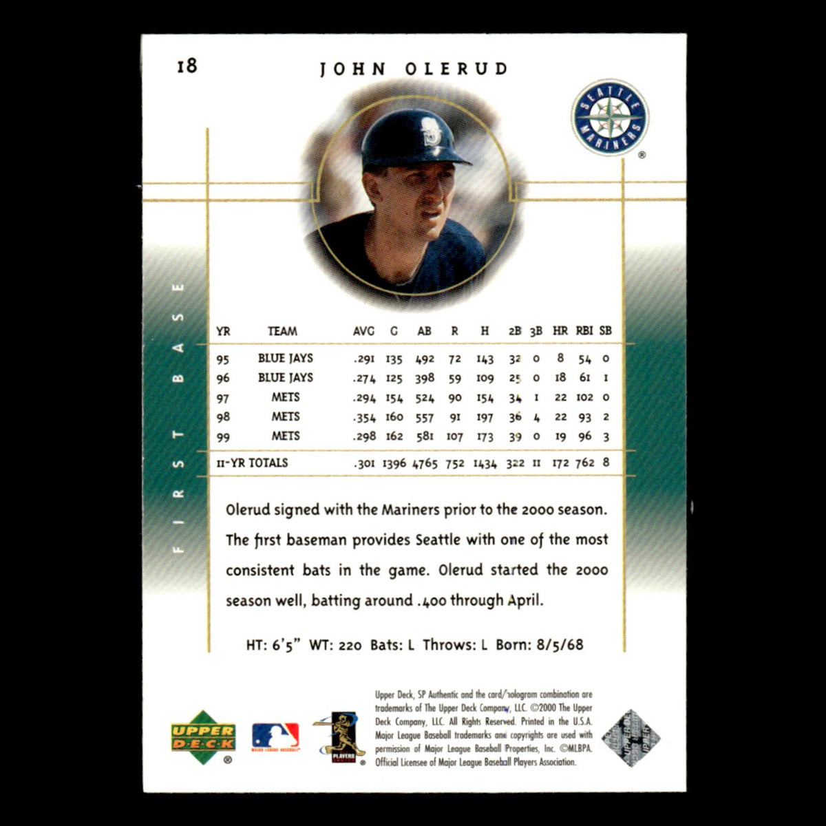 John Olerud #18 2000 SP Authentic Seattle Mariners Baseball Card MLB NM