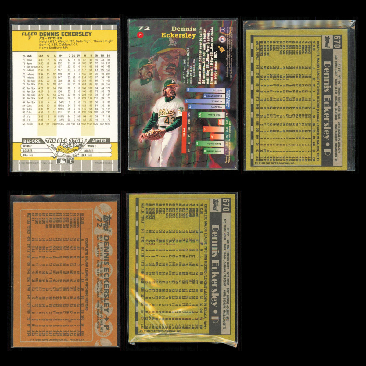 Dennis Eckersley Lot 5 Baseball Cards 1989 Fleer Oakland Athletics Set MLB NM