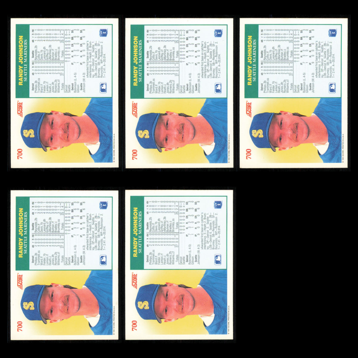 Randy Johnson Lot 5 Baseball Cards 1991 Score Seattle Mariners Set Collection NM