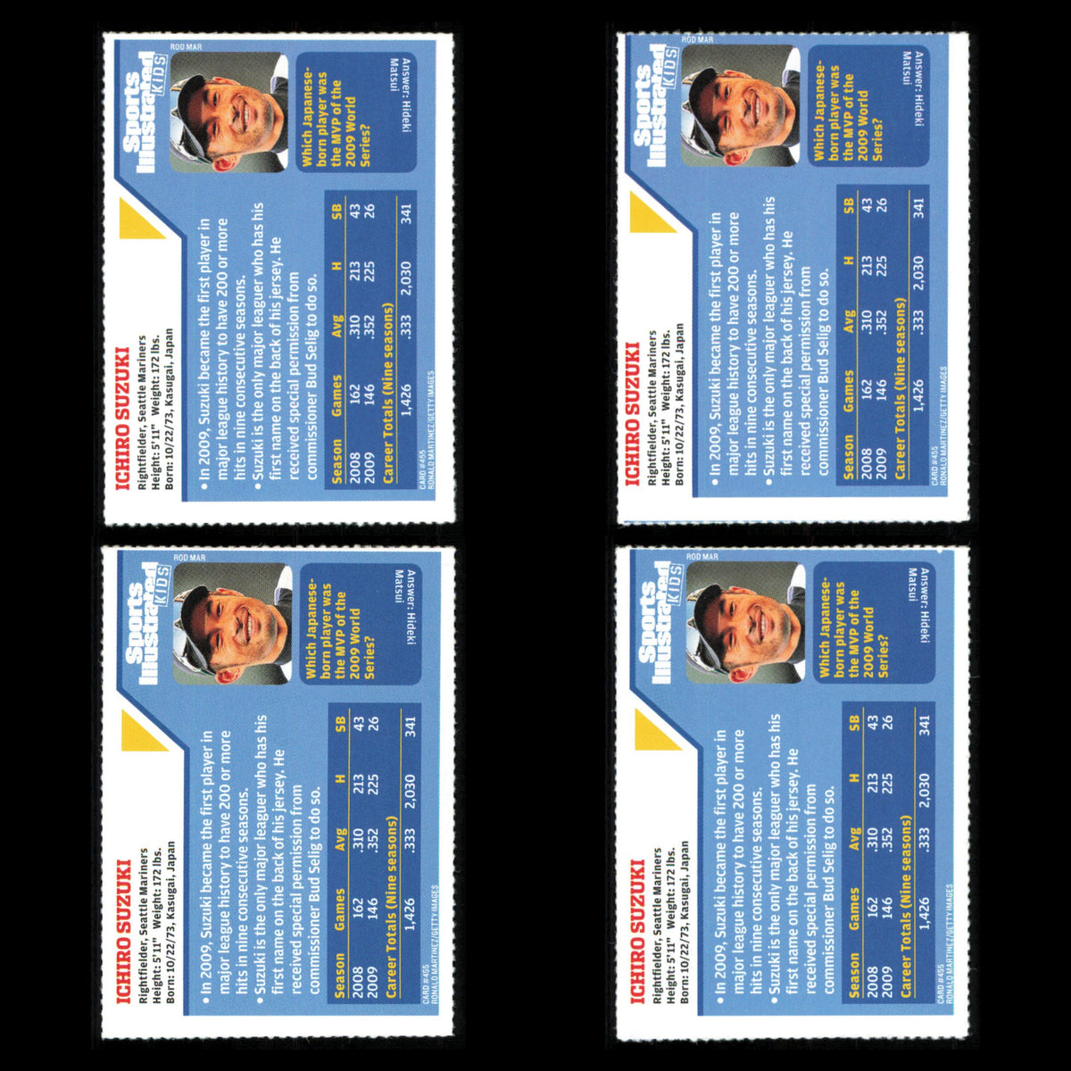 Ichiro Suzuki Lot 4 Baseball Cards 2010 Sports Illustrated for Kids Mariners Set