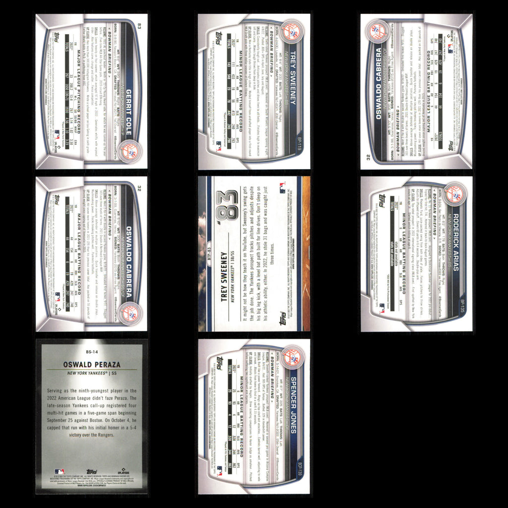 Gerrit Cole Lot 8 Baseball Cards 2023 Bowman New York Yankees Set Collection MLB