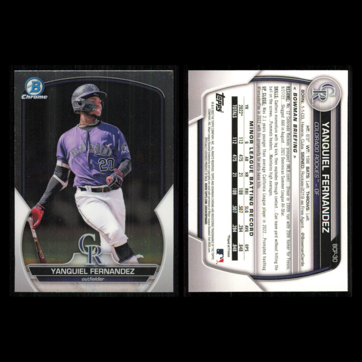 Colorado Rockies Lot 10 Baseball Cards Bowman Prospects Yanquiel Fernandez NM