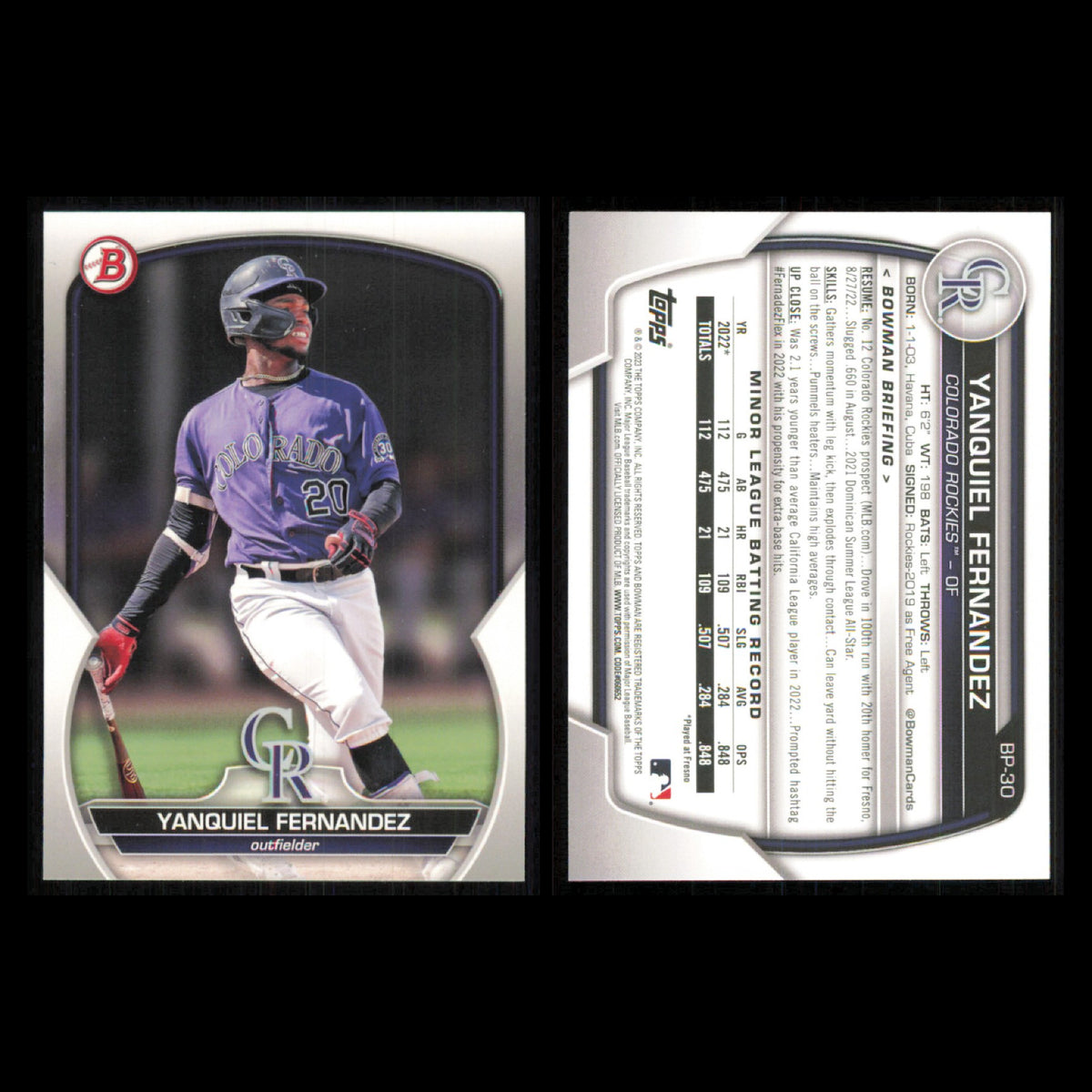 Colorado Rockies Lot 10 Baseball Cards Bowman Prospects Yanquiel Fernandez NM