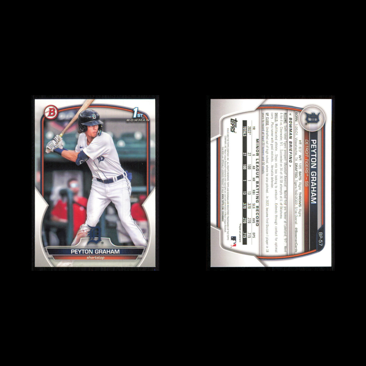 Detroit Tigers Lot 7 Baseball Cards Bowman Prospects Peyton Graham NM Baseball